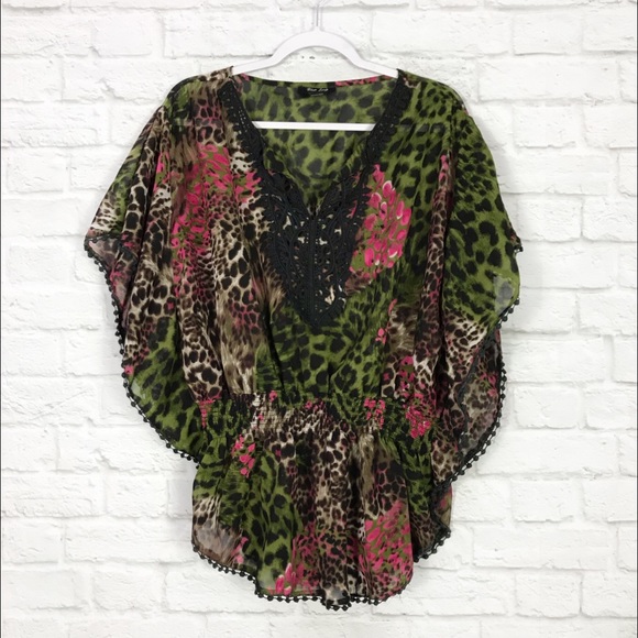 Blue Loop Tops - Blue Loop 2X Crochet Bat Wing Leopard Smocked Top